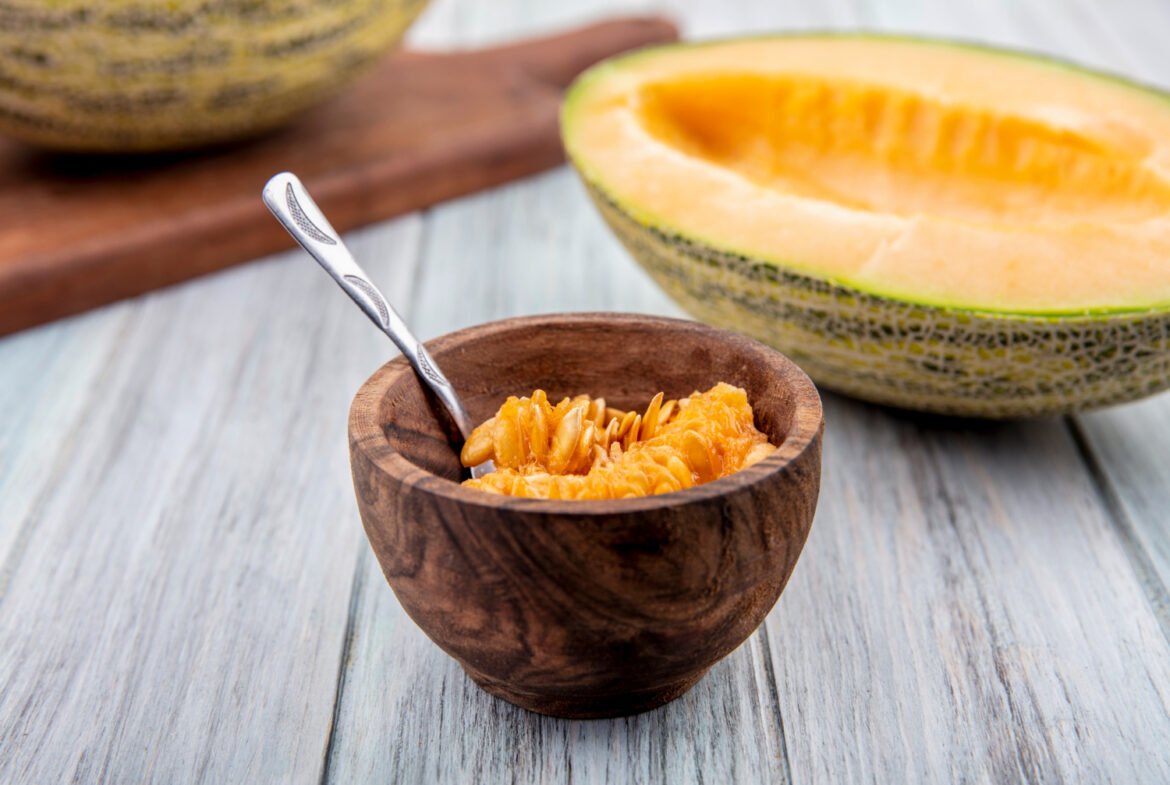 Roasted muskmelon (cantaloupe) seeds in a bowl – protein-rich superfood snack