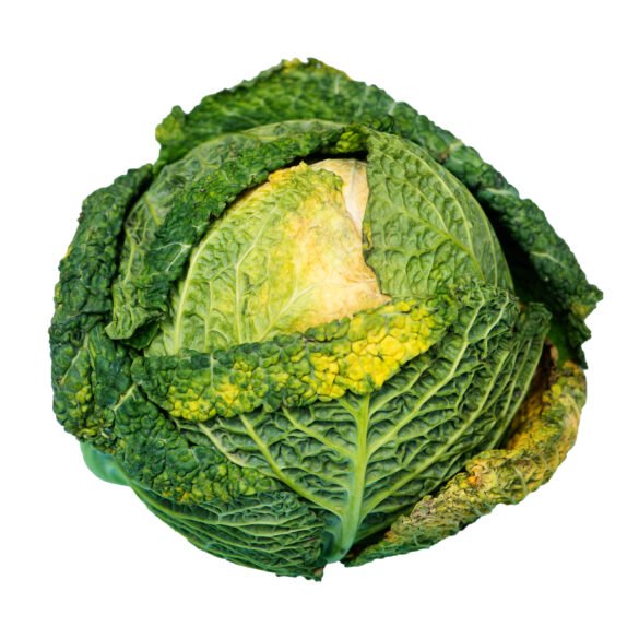 Fresh Savoy cabbage with crinkled green leaves on a wooden board, outer leaves slightly open