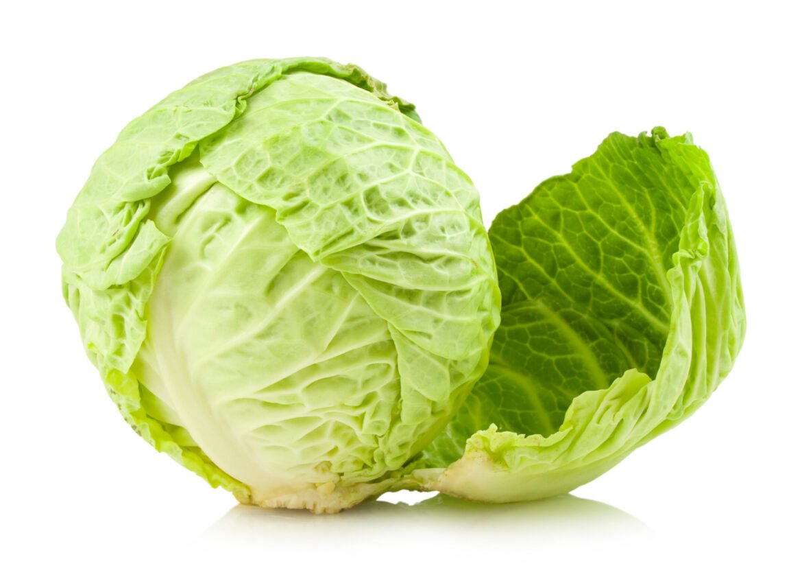 A fresh, firm head of green cabbage with outer leaves intact.