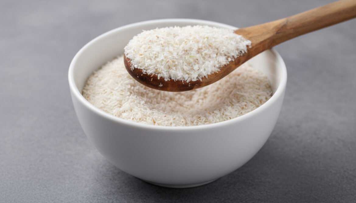 Psyllium husk (Isabgol) natural fiber supplement in a wooden bowl